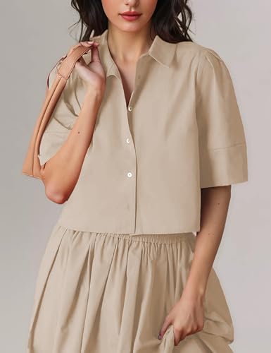 Image of Womens Summer 2 Piece Outfits Skirt Sets Button Short Sleeve Tops Elastic Waist Maxi Dress Sets with Pockets