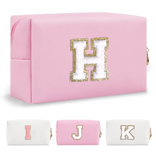 Personalized Initial A-Z Preppy Patch Makeup Bag,Small PU Chenille Letter Cosmetic Bag with Zipper for Teen Girls,Pink Cute Toiletry Organizer Bag,Monogram Makeup Case Gift for Women Girls,Letter H