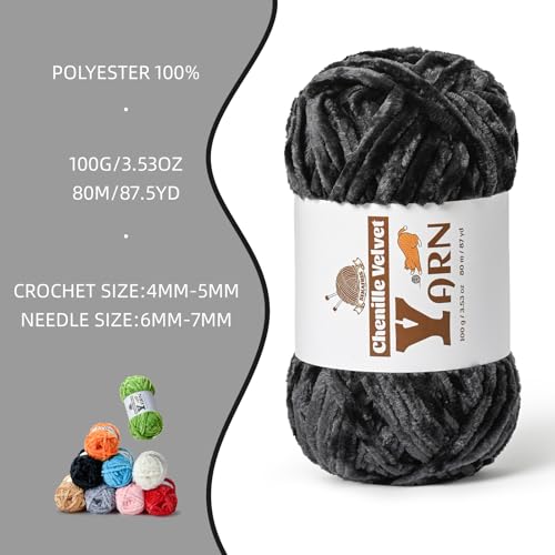 Image of 4 Pack Plush Chenille Chunky Yarn - Fluffy Velvet Yarn Crochet for Blanket Knitting and Crocheting - Soft Baby Yarns for Crocheting - Amigurumi Crochet Yarns 100g (87yds) (4 Carbon Grey)