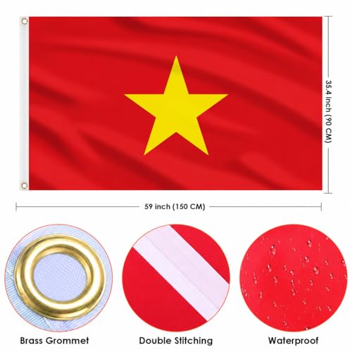 Image of AhfuLife Vietnam Flag 5ft x 3ft for Party Decorations, 2 Pcs Large Vietnamese Flag Polyester Double Side with Brass Eyelets for National Day Garden Street