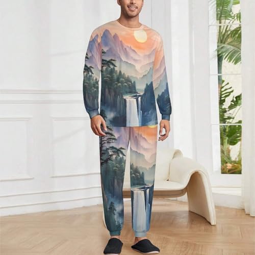 Chinese Landscape Mountain Waterfall Mens Pajamas Set Long Sleeve Sleepwear Pjs Set Shirts And Bottoms Sleep Sets Loungwear2