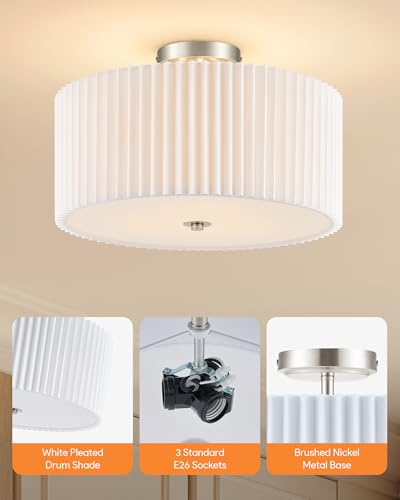 Image of VONLUCE Semi-Flush Mount Ceiling Light 15.7 inch, 3-Light Drum Light Fixture | White Pleated Shade with E26 Sockets, Light Fixture for Nursery, Bedroom, Entryway, Hallway, Nickel Finish, ETL Certified