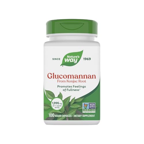 Natures Way Herbal Glucomannan from Konjac Root Capsules Promotes Feelings of Fullness* 1 995 mg per 3-Capsule Serving Non-GMO Project Verified Vegan 100 Capsules (Packaging May Vary)
