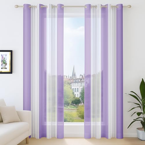 Deconovo Cortina de Cortina de Ancho de Ventana, 140 x 229 cm (Ancho x Altura), Visillo para salón y Dormitorio, diseño Moderno con Ojales, púrpura, 2 Piezas