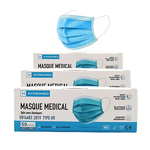 HYDROMED 150 pièces Masque Chirurgical EN14683:2019 TYPE IIR 3 Boites de 50 (1 sachets de 50/Boite) NORME CE Filtration bactérienne 98%… Cover
