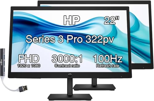 Image of HP Series 3 Pro 322pv 22 inch FHD VA Monitor with 250 nits Brightness, 5ms Response Time, Anti-Glare, Flicker Free, VESA Mount (100mm), HDMI & Dockztorm USB Port Expander, Black Color (9U5A2AA#ABA) 2 Pack