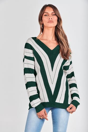 PRETTYGARDEN Sweaters for Women 2025 Long Sleeve Striped Knitted V Neck Pullover Jumper Tops Fall Outfits Fashion Clothing