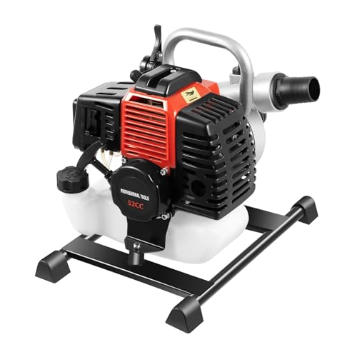 Gas Water Pump 1.5 Inch 2 Stroke 52CC Gas Powered High Pressure Water Pump 131ft Lift And 19.7ft Suction 1.7kw 8500RPM Gasoline Powered Trash Pump for Irrigation Pool and Water Transfer