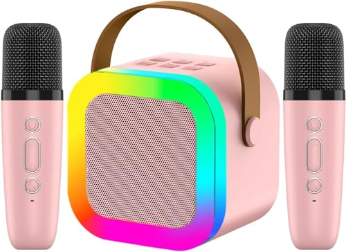 Karaoke Machine Kids Portable Bluetooth Speaker with Wireless Microphone Mini Karaoke Machine with Dual Singing Function Funny Toys Birthday Gifts for Kids(Pink)