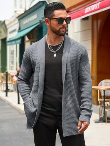 Runcati Mens Cardigan Sweater Shawl Collar Cable Knit Cardiagn Long Winter Open Front Sweaters with Pockets2
