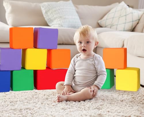 Image of Toddler Foam Buliding Blocks - 12 Piece Fabric Covered in 2 Sizes Stacking Block Sets - Colourful Soft Play Set for Kids Idea for Building and Throwing Fun-Blue
