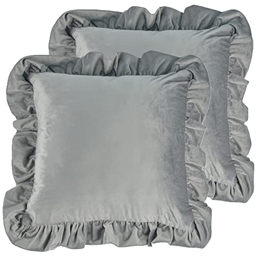Jemiipee Velvet Ruffle Throw Pillow Covers Couch, Set of 2 Decorative Pillowcases with Ruffles 18x18 Inch Solid Color Shabby Chic Farmhouse Cushion Cover for Living Room Sofa Bed, Light Gray
