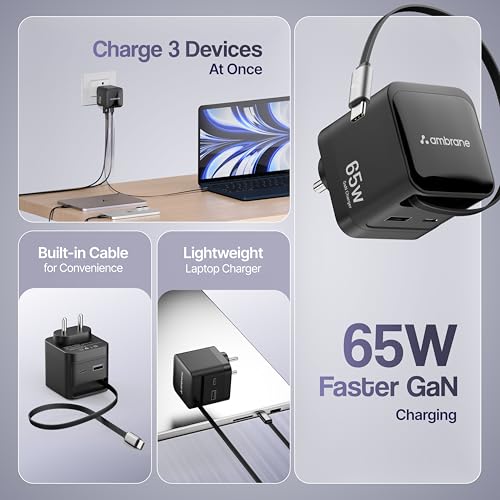 Image of Ambrane 65W GaN Superfast Wall Charger with Type-C Cable, 2 Ports (1 USB & 1 Type C) 65W Output Compatible with iPhone, Samsung, MacBook & Type-C Laptop, OnePlus, Nothing (Charge 65,Black)