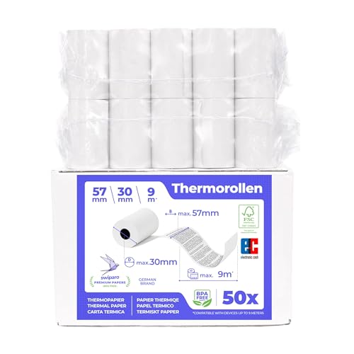 SWIPARO® EC Cash Rollen Thermopapier 57mm x 30mm x 12mm - Bonrollen 57x30x12 für EC & Kredit-Kartenlesegeräte - Thermorollen mit SEPA-Lastschrifttext - Für Systeme bis 9m Papierbedarf (50 Stk)
