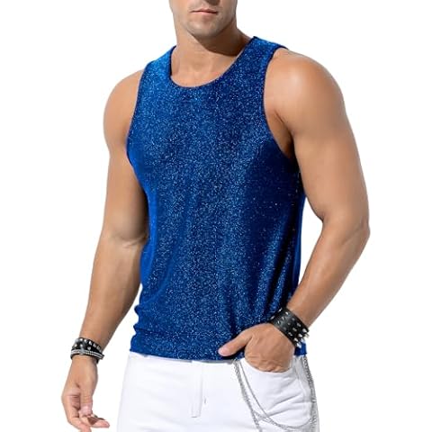 Casey Kevin Men's Glitter Tank Top Rave Gold Hipster Sequin Sleeveless Shirt Sparkly Disco Vest (Blue, Small) Cover