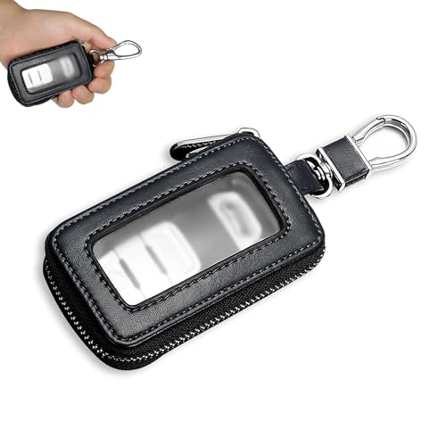 YAWUROU Car Key Fob Case Multifunctional Leather Scratch-Resistant Key Bag Transparent Window Remote Key Holder with Metal Hook Universal Keychain Bag for Most Cars (Black)