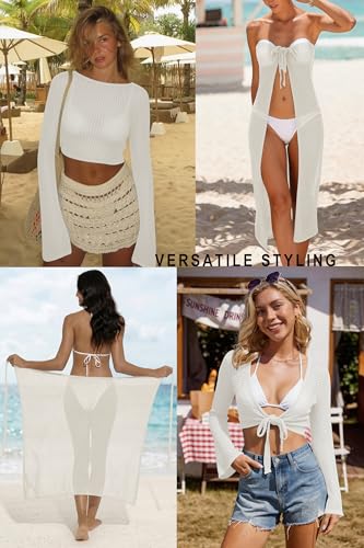 Image of Cakulo Women's Crochet Cover Up 2 Piece Beach Skirt Sets | Hollow Out, Tie Front Crop Tops, Bell Sleeve, Sarong Wraps, Swimsuit Bathing Suit Coverup, Resort Wear Beach Vacation Outfits
