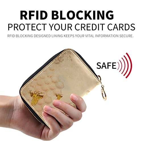 OTVEE Retro Honey Bees Wildflowers RFID Credit Card Wallet, Microfiber Leather Zipper Card Case Holder for Women2