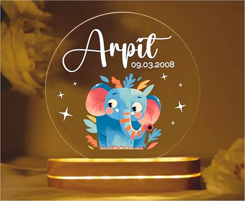 Image of PRINTHUA Plastic Personalized LED Night Table Lamp with Custom Name,Unique Gift for Women,Men,Kids,Girlfriend,Boyfriend,Husband,Wife|Birthdays,& Special Occasions (Cute Elephant),Multicolor