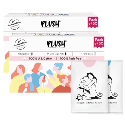Image of Plush Ultra-Thin Sanitary Pads For Women, 30 Cotton Sanitary Napkins- Pack of 2 | 14 Medium Flow XL + 16 Light Flow L + 4 Panty Liners For Rash Free Periods | Pure U.S. Cotton Pads With Disposable Pouch