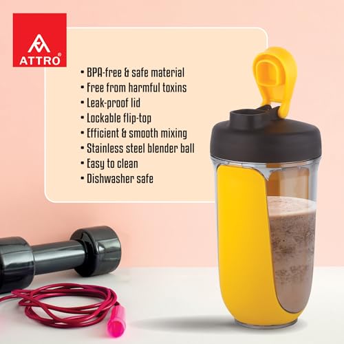 ATTRO Fit Fusion Shaker Bottle 600ml – BPA-Free Protein Mixer with Wire Whisk Ball, Leakproof Lid, Easy Carry Strap, Ideal for Gym, Fitness, Pre/Post Workout Drinks- Yellow - Image 2 thumbnail