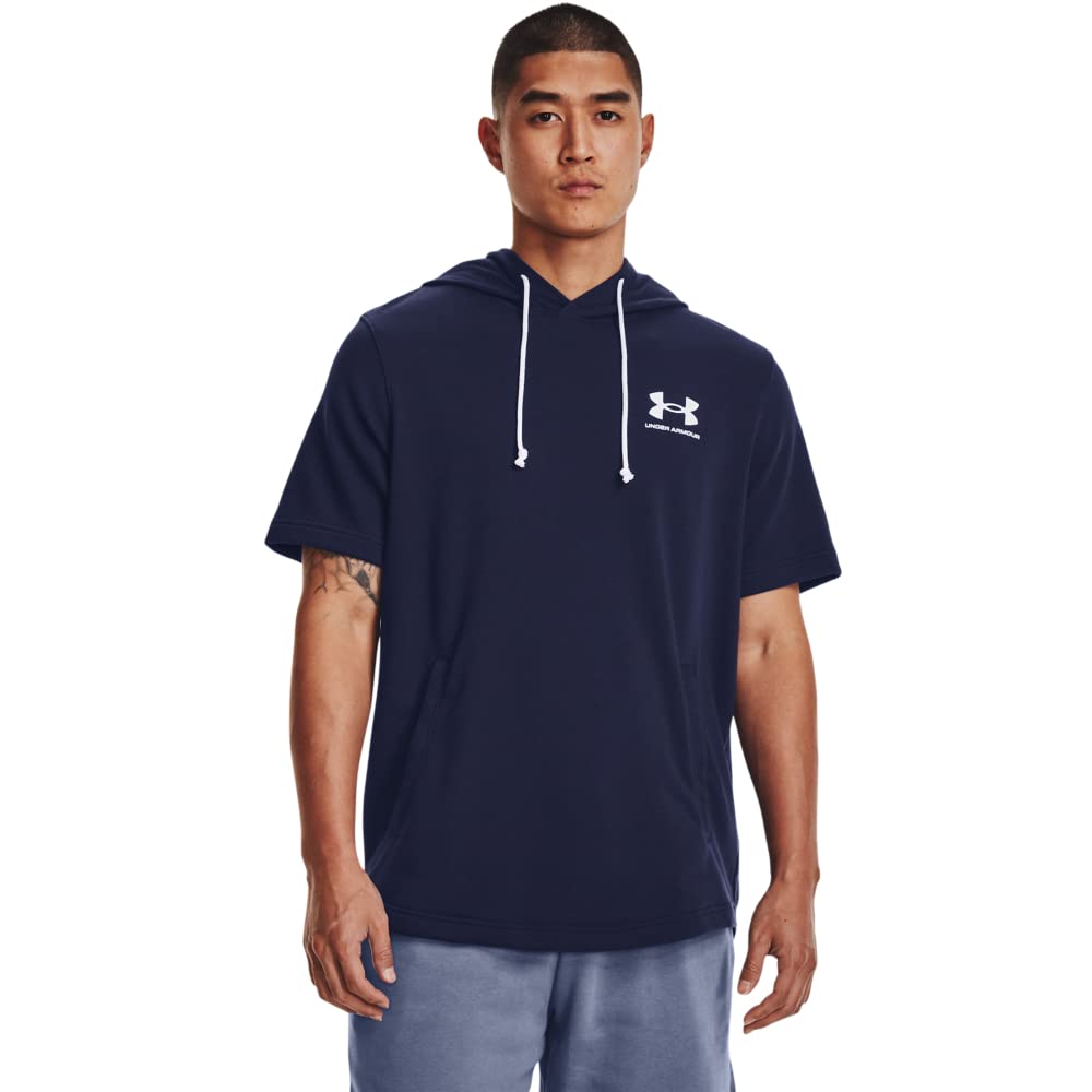 Under Armour Men's Rival Terry Short-Sleeve Hoodie, Midnight Navy, Onyx White