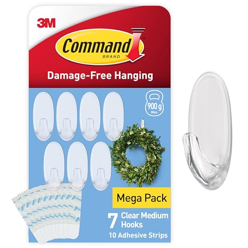 Command Clear Medium Hooks with Clear Strips Multi Pack of 7 Hooks + 10 Adhesive Strips - Indoor Use - Suitable for Hanging Items up to 900 g - Damage Free Hanging