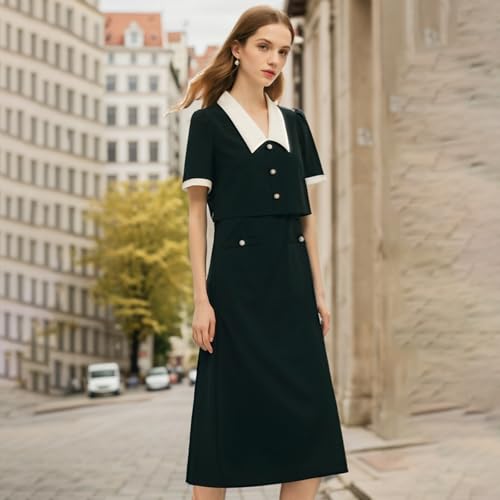 Women Work Dresses Short Sleeve V-Neck Blazer Midi Dress Business Casual Faux Two-Piece Wedding Guest Outfits3