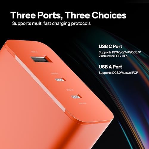 Image of 65W Gan Trio Charger Adapter | 3 Port USB Type C to A Fast Wall Charging Adaptor | Compatible with phone (4a) Pro, (4a), (3a) Lite, (3a) Pro, (3), 2 Pro, (2a) Plus, (2a), (2), 1,2 pro | Orange