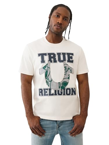True Religion Men's Applique Terry Tee – Short Sleeve Crewneck Casual T-Shirt- Winter White, XL