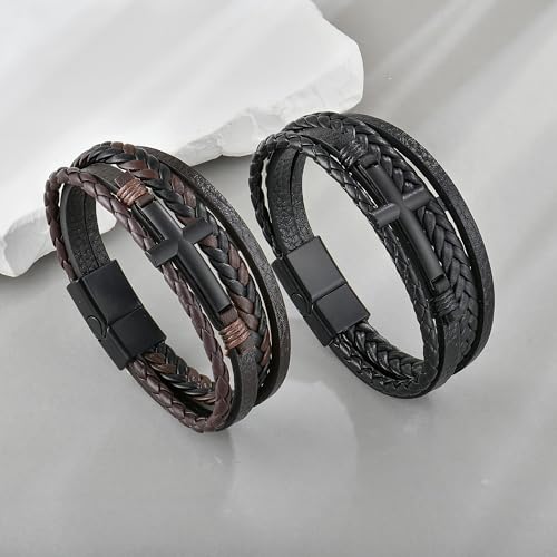 Men's Leather Cross Bracelet - Black or Brown Multi-Layer Braided Christian Religious Wristband Jewelry for Men, 8.3" & 9.1" Sizes3