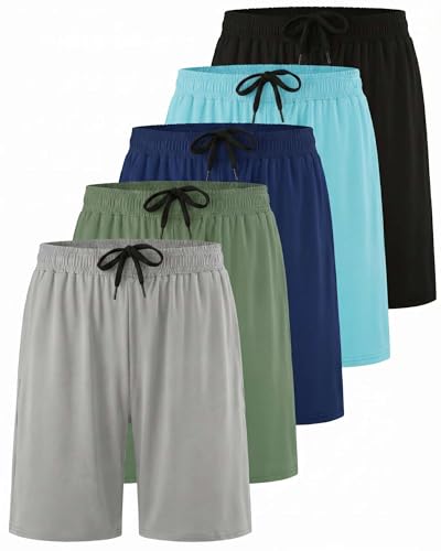 Image of Real Essentials 5 Pack: Boys' Dry Fit Basketball Shorts for Youth Kids Teens - Athletic Running Soccer Sports with Pockets