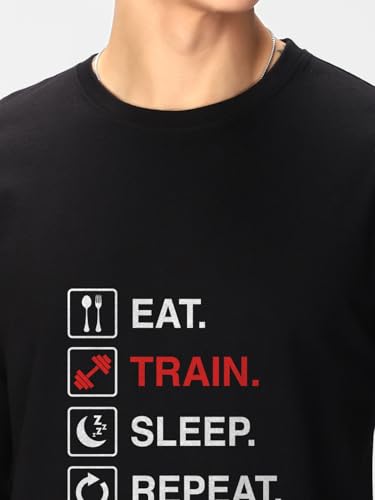 Image of Bewakoof Men Typography Regular Fit Full Sleeve Round Neck Pure Cotton T-Shirt