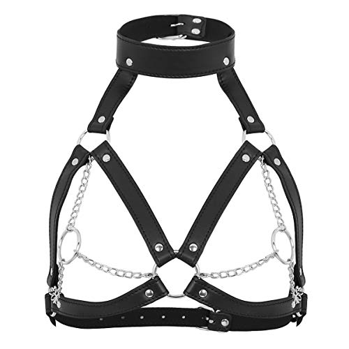 iiniim Arnés Jaula de PU Arnés de Pecho Cuerpo Mujer Cuero Bralette Correa Hebillas Ajustabl con Anillos Cadena Metal Tirantes de Leather Cinturón Estilo Goth Steampunk Negro Talla Unica