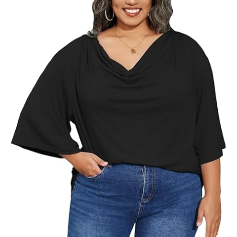 MK Shop Limited Plus Size Tops for Women Dressy 2024 Summer Casual 3/4 Sleeve Shirts Trendy Folded Neck Tee Slim Fit Short Sleeve Blouses Going Out Loose Outfits Black Cover