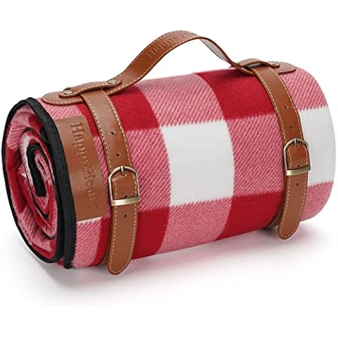 HappyPicnic Extra Large Picnic Blanket, 200 x 150 cm Soft Fleece Rug with PU Carrier and Waterproof Backing, Family Outdoor Travel Mat, Light Weight and Portable Lawn Blanket, Sand-Proof Beach Mat Cover