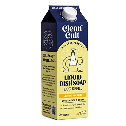 Cleancult Dish Soap Liquid Refills (32oz, 1 Pack) - Dish Soap that Cuts Grease & Grime - Free of Harsh Chemicals - Paper Based Eco Refill, Uses 90% Less Plastic - Lemon Verbena