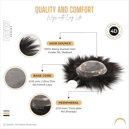 Image of Artello AUSTRALIAN Hair Patch for Men, 4D French Lace, 0.03 mm Invisible Frontal Hairline, Ultra Thin, Trim-able PU, 100% Remy Human Hair Wig (Colour: Natural Black) (7x5)