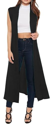 Re Tech UK - Ladies Sleeveless Cardigan | Womens Summer Lightweight Longline Waistcoat | Waterfall Open Front Maxi Cardigan | Thin Boyfriend Cardigans for Women UK (20-22 XXL Black) - Image 3