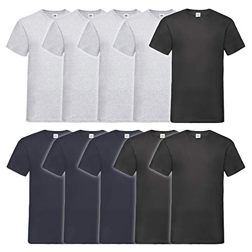 T-shirt col V Fruit of the Loom en lot de 10 pour homme, coloris gris et marine taille L