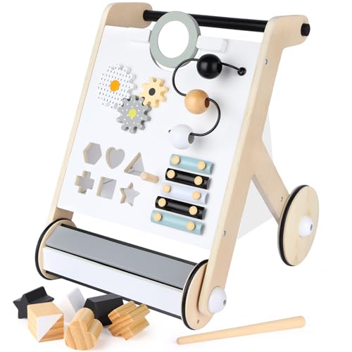 Asweets Wooden Baby Walker, Push and Pull Learning Activity Walker with Roller for Boys and Girls, Stand Learning Toddler Toy (Roller Upgraded)