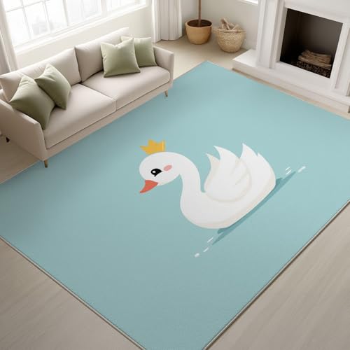 Alfombra Salon 80 x 150 cm, Alfombra Dormitorio Matrimonio Carpet Rugs for Living Room Alfombras Lavables, Dibujos Animados Animales Cisne Comedor Habitacion, Blanquecino Azulado
