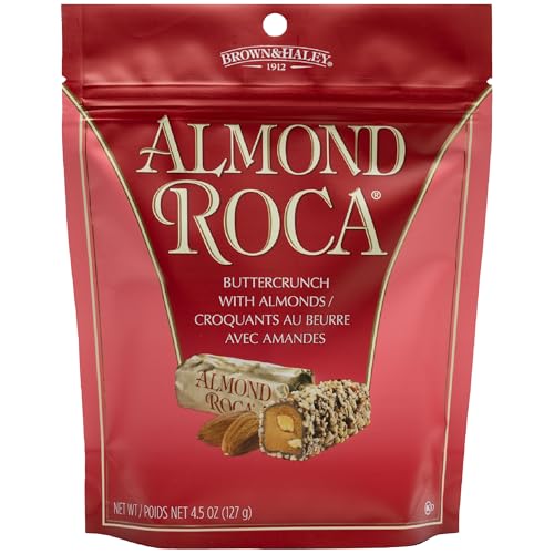 Brown & Haley Almond ROCA Stand-up Pouch, Individually Wrapped Chocolate Candy, Classic Buttercrunch Toffee with Almonds, 4.5 Ounces (Pack of 1)