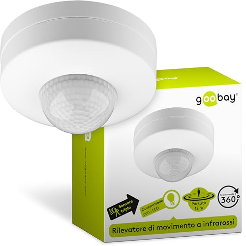 Goobay 96007 Rilevatore di movimento a soffitto a infrarossi - sensore PIR a 3 posizioni - montaggio a superficie - campo di rilevamento di 360° - portata di 6 m - uso interno (IP20) - adatto per LED