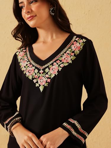 Image of QAZMI Women's Floral Aari Embroidered Viscose Rayon V-Neck Full Sleeves Short Kurti