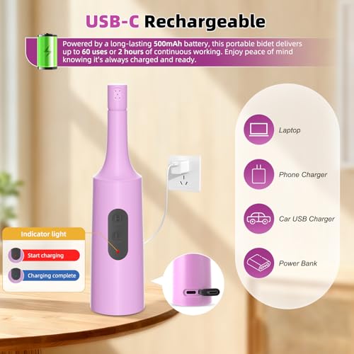 Image of Hibbent Portable Bidet for Travel, High Pressure Electric Handheld Bidet Sprayer, 350-550ML Expandable Bottle for Personal Hygiene, USB-C Rechargeable Waterproof, Travel Sprayer for Women & Men, Pink