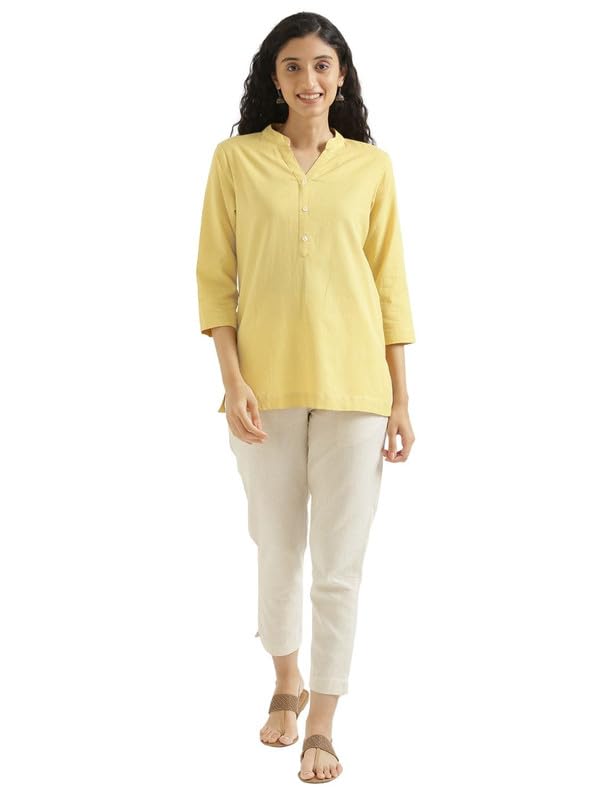 Image of SAADAA Women Short Kurti Airy Linen Regular Fit Kurta with 3 /4th Sleeves, Mandarin Collar, Side Slit Perfect for Casual, Formal, and Ethnic Wear
