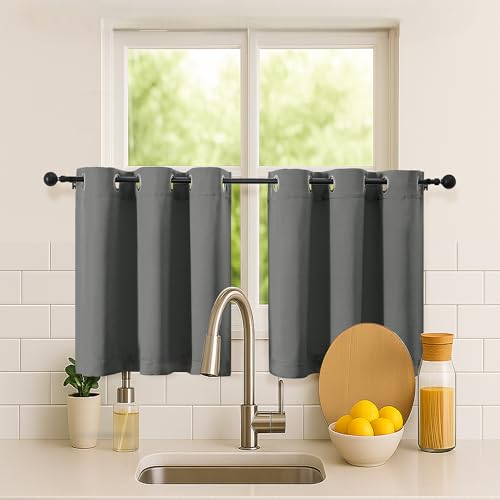 Image of Simplebrand Light Grey Short Kitchen Curtains 24 Inch Length 2 Panels Set, Small Windows Room Darkening Curtain for Bathroom, Cabinet, Basement, RV Camper, Thermal Insulated Short Drapes, 40 x 24 Inch