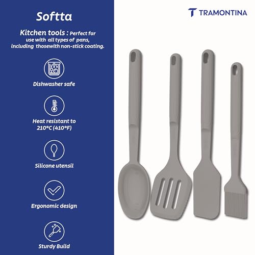 Image of Tramontina Softta Silicone Kitchen Tools Set of 4 (Grey) - Slotted Turner, Brush, Spatula & Spoon - Heat Resistant up to 210C - Safe for Nonstick & Ceramic Cookware