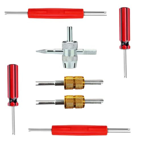 Image of 7PCS Tire Valve Stem Removal Tool Kit, 4-Way Single & Dual Head Schrader Valve Core Remover Wrench for Tire Repair Installation, Multi-Function Tools for Car Bike Truck RV HVAC Air Conditioner